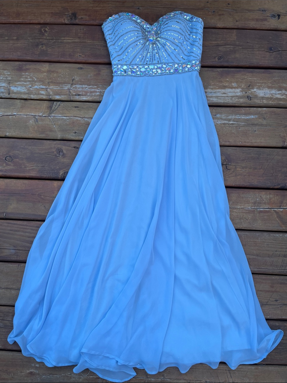 Le Chateau ice blue strapless bedazzled evening gown/prom dress